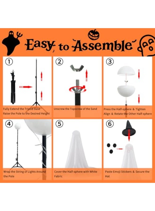 NIBEMINENT 2 Packs Halloween Ghost Outdoor Decorations, 59” Light Up Ghost Decor with Remote Control, Adjustable Height Standing Halloween Lighted Ghost Kit with Witch Hat Ideal for Porch, Garden, Yard - Image 3