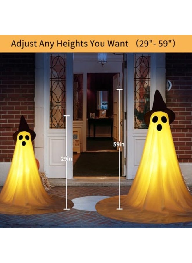 NIBEMINENT 2 Packs Halloween Ghost Outdoor Decorations, 59” Light Up Ghost Decor with Remote Control, Adjustable Height Standing Halloween Lighted Ghost Kit with Witch Hat Ideal for Porch, Garden, Yard - Image 5