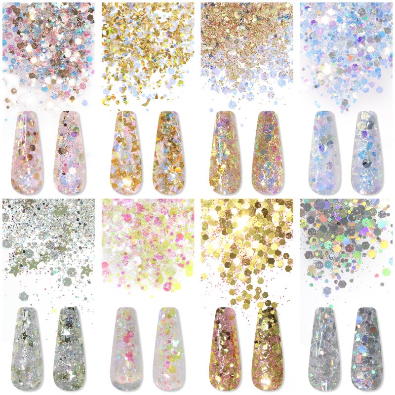 Laza 8 Colors Nail Art Glitter Diamond Dust Iridescent Nail Powder Chunky Glitter Confetti Foil Flakes Sequins for Nail Art Supplies, Gel Polish, Mermaid Makeup, Body, Resin â€” Dancing Sparkle - Image 3