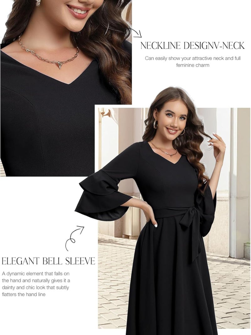 TATAIYA Women's Plus Size 3/4th Bell Sleeves Bridesmaid Dress (Black_5XL) - Image 2