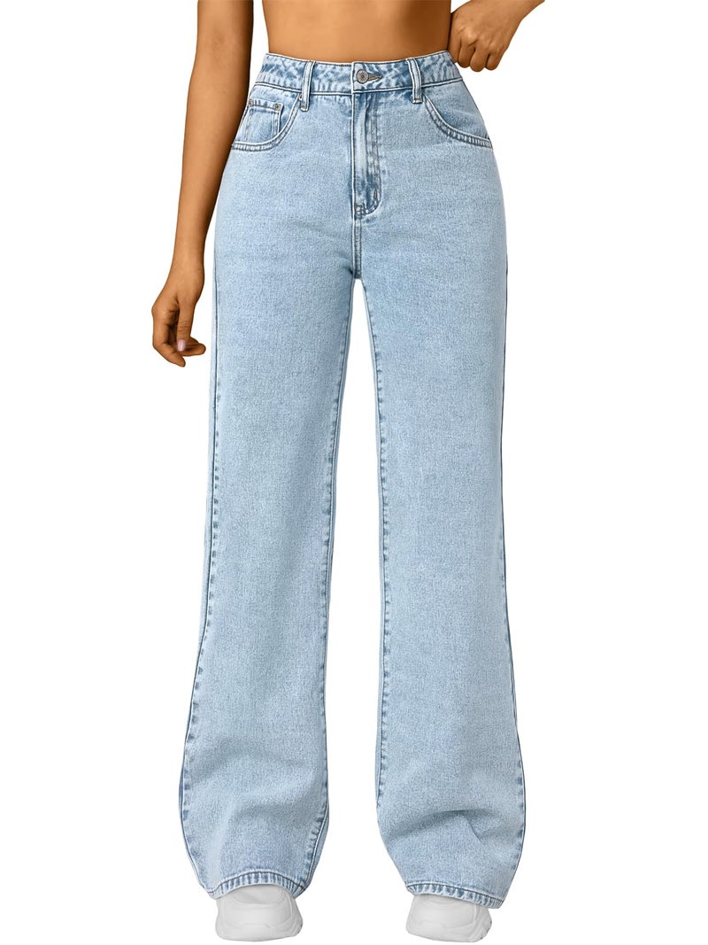 Trendy Queen Women's High Waisted Straight Wide Leg Jeans, Comfort Stretch Baggy Denim Pants SBlue 4 - Image 1