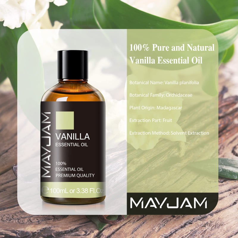 MAYJAM Vanilla Essential Oil 100ml, MAYJAM Premium Essential Oils for Aromatherapy, Diffuser, Soap Making, Candle Making, Large Bottle Vanilla Oil with Gift Box(3.38fl.oz) - Image 3