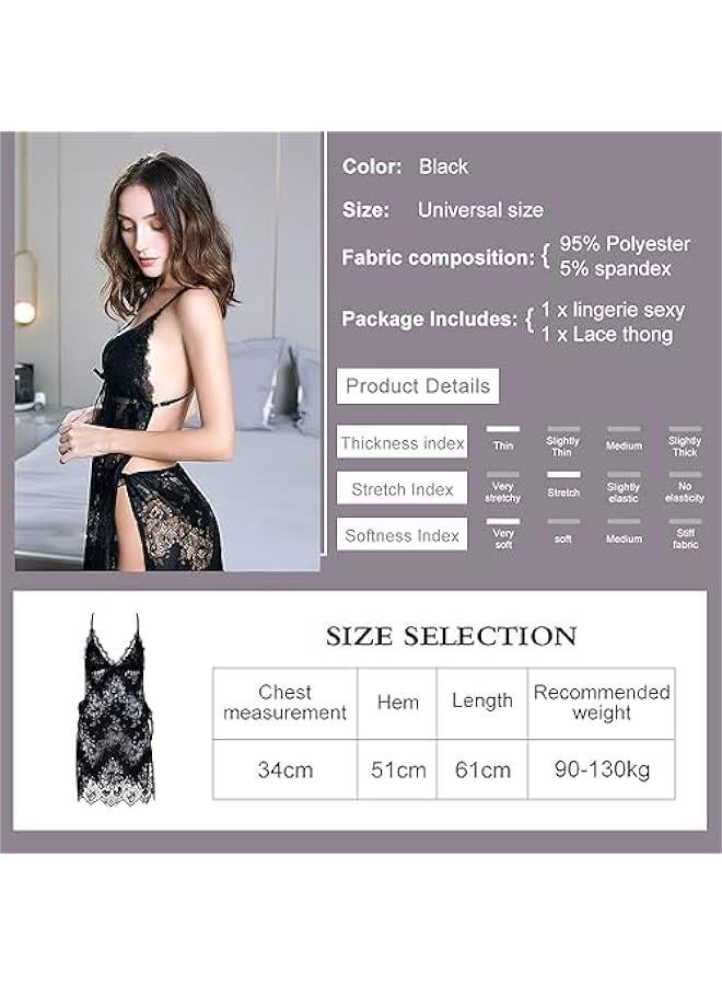 Women Lingerie Lace Nightgown with G-string Chemise Deep V Neck Babydoll & Strap Halter Nightdress Mesh Sleepwear - Image 2