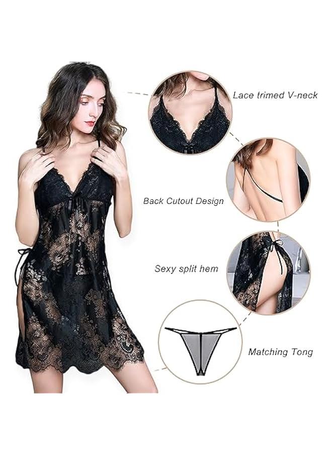 Women Lingerie Lace Nightgown with G-string Chemise Deep V Neck Babydoll & Strap Halter Nightdress Mesh Sleepwear - Image 4