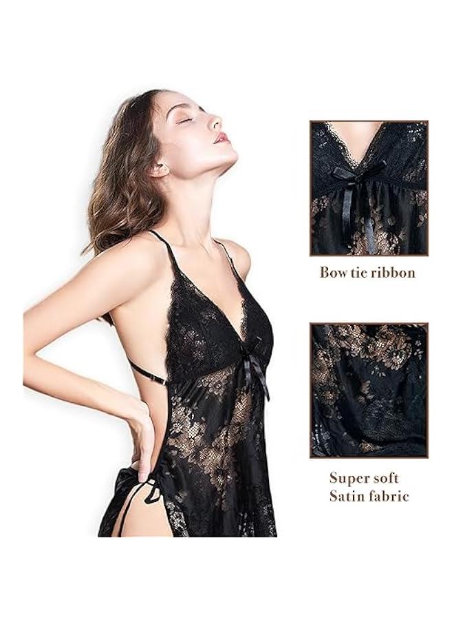 Women Lingerie Lace Nightgown with G-string Chemise Deep V Neck Babydoll & Strap Halter Nightdress Mesh Sleepwear - Image 3
