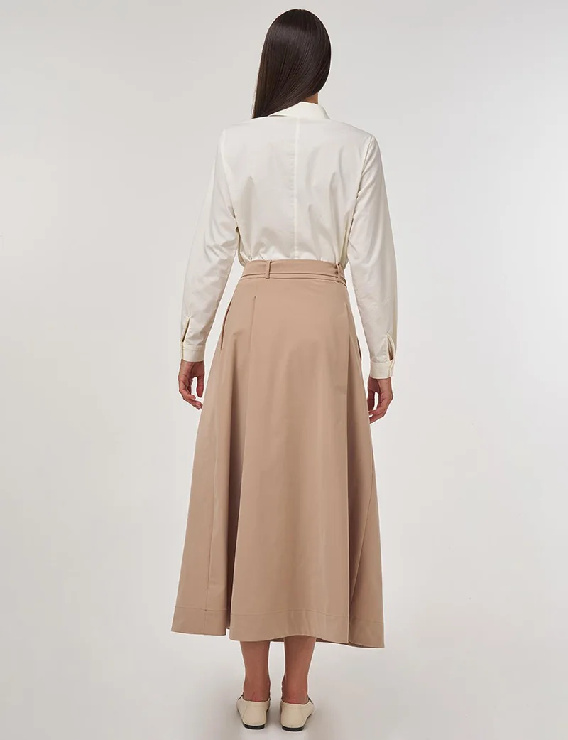 Kayra Belted Flared Skirt Beige