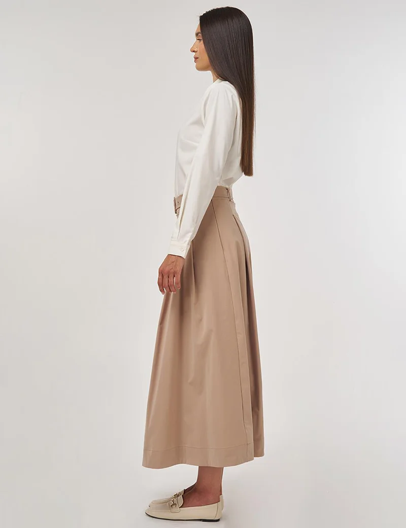 Kayra Belted Flared Skirt Beige
