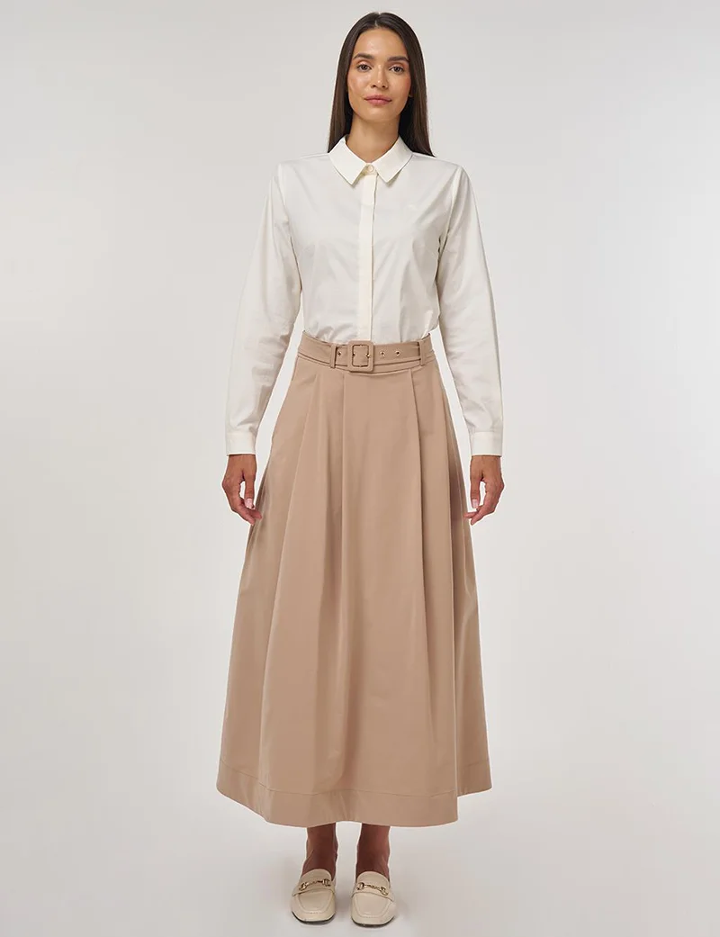 Kayra Belted Flared Skirt Beige