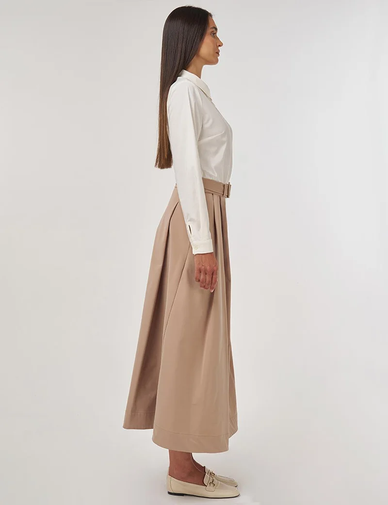 Kayra Belted Flared Skirt Beige