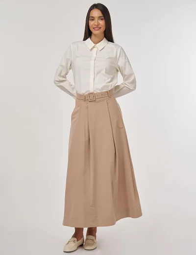 Kayra Belted Flared Skirt Beige