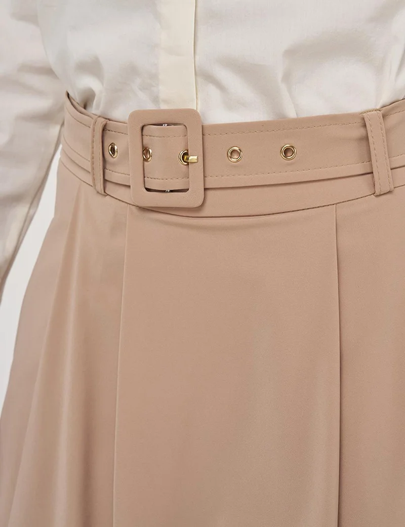 Kayra Belted Flared Skirt Beige
