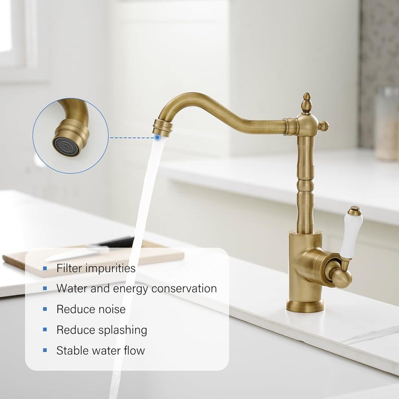 BWE Antique Brass Kitchen Sink Faucet Single Handle Bar for Kitchen Sink with 360° Swivel Spout High Arc Single Hole Wet Bar Faucet Mixer Tap Farmhouse - Image 4