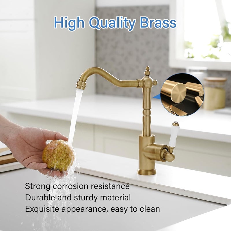 BWE Antique Brass Kitchen Sink Faucet Single Handle Bar for Kitchen Sink with 360° Swivel Spout High Arc Single Hole Wet Bar Faucet Mixer Tap Farmhouse - Image 5