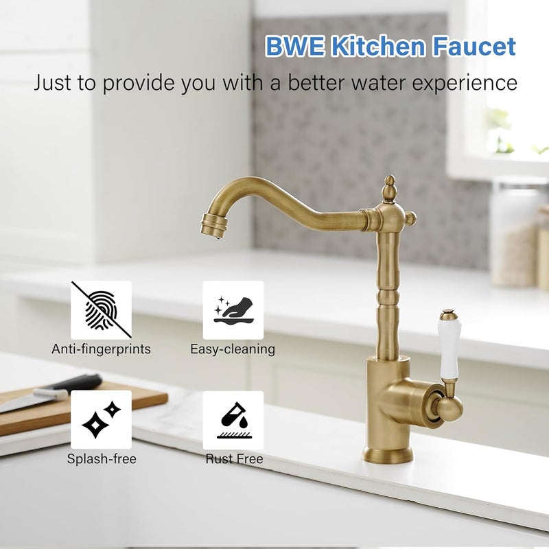 BWE Antique Brass Kitchen Sink Faucet Single Handle Bar for Kitchen Sink with 360° Swivel Spout High Arc Single Hole Wet Bar Faucet Mixer Tap Farmhouse - Image 2