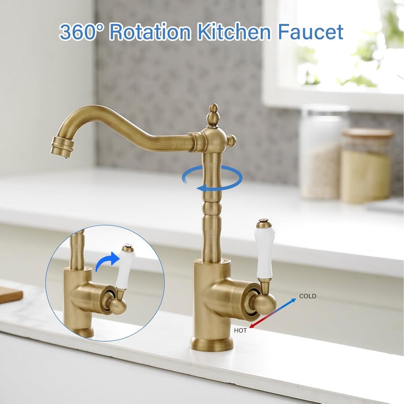 BWE Antique Brass Kitchen Sink Faucet Single Handle Bar for Kitchen Sink with 360° Swivel Spout High Arc Single Hole Wet Bar Faucet Mixer Tap Farmhouse - Image 3