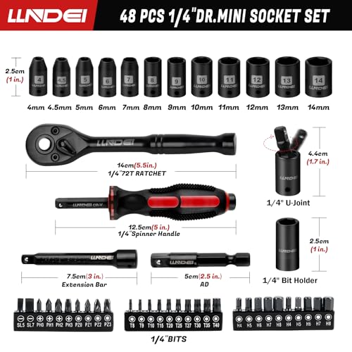 LLNDEI 48 Piece 1/4 Inch Mini Socket Ratchet Wrench Set, Metric Shallow Socket (4-14mm) 6-Point,with 72 Teeth Mini Ratcheting Wrench, Screwdriver Bit Set, Universal Joints and 3 Inch Extensions - Image 2