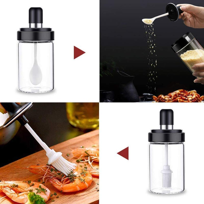 S SMITEX Smitex Borosilicate Glass Food Storage Spice Salt Sugar Condiment Jar with Spoon and Olive Oil Bottle with Brush Combo for Kitchen Restaurants Airtight Cap TransparentSet of 2250ml  - Image 2