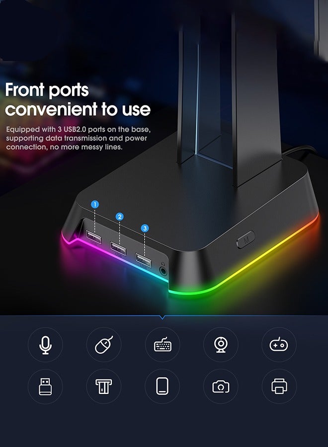 onikuma ST-2 RGB Gaming Headphones Stand with USB Hub & 3.5mm Audio - Multi-Color LED,Anti-Slip Base for Gaming Headsets  - Image 5