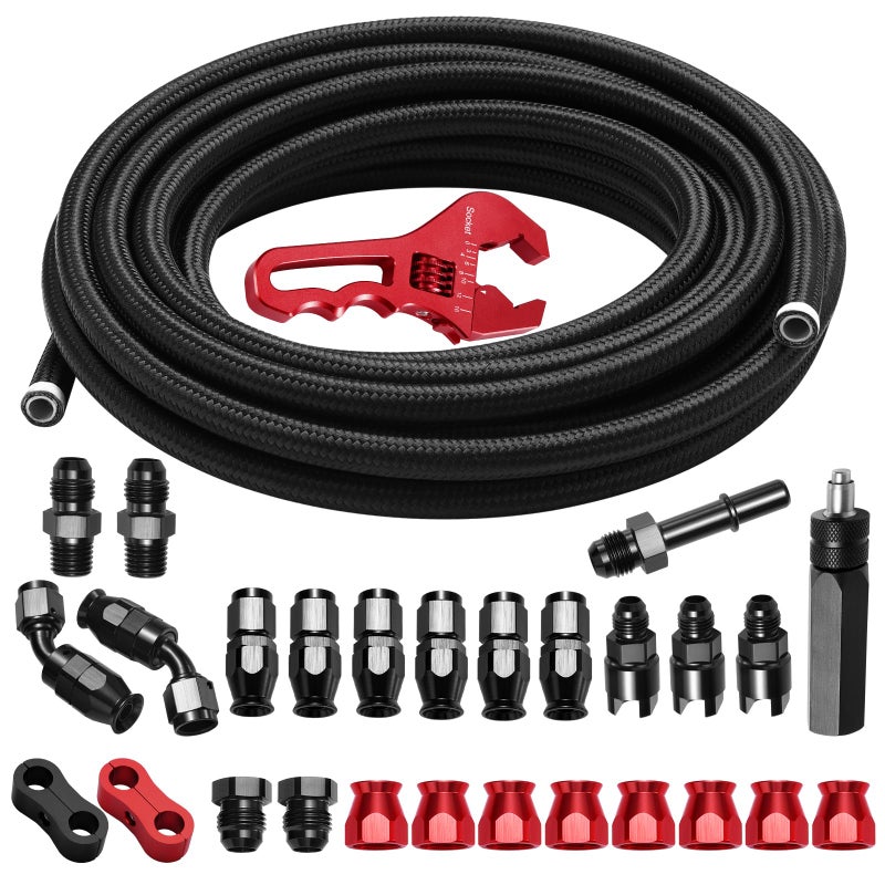 BRIFITOR 6AN 25FT PTFE Fuel Line Kit AN6 38 LS Swap EFI E85 Nylon Stainless Steel Braided Fuel Hose With 26PCS PTFE Fuel Hose End Fitting  AN Fitting Wrench