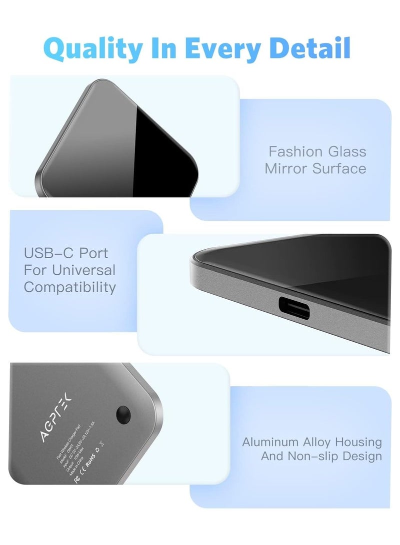 AGPTEK Wireless Charger, Qi-Certified 15W Max Fast Wireless Charging Pad for all iPhone, Samsung, and other wireless charge supporting devices, air pods, earbuds and watch supported,  Black (No AC Adapter)