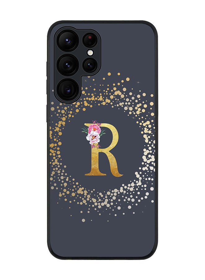 Stylizedd حافظة حواف سوداء متينة لهاتف سامسونج جالاكسي S22 ألترا 5G - حافظة مرنة رقيقة من مطاط TPU - تصميم مخصص بحرف أولي ونمط زهور - R (رمادي) - Image 1