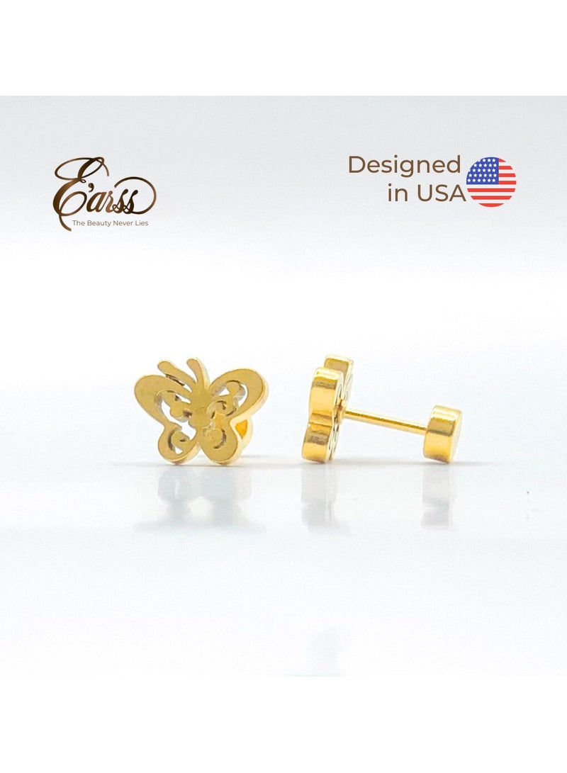 Earss Gold Butterfly Stud Earrings For Kids, Gold Plated - Image 2
