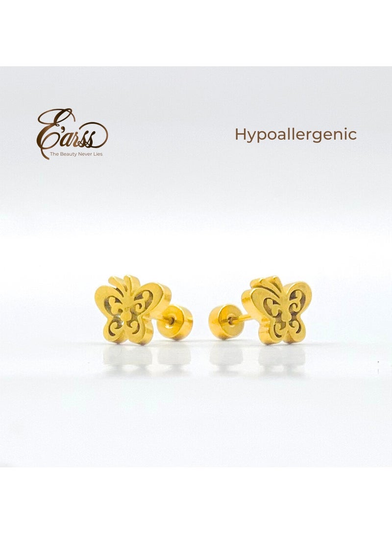 Earss Gold Butterfly Stud Earrings For Kids, Gold Plated - Image 4