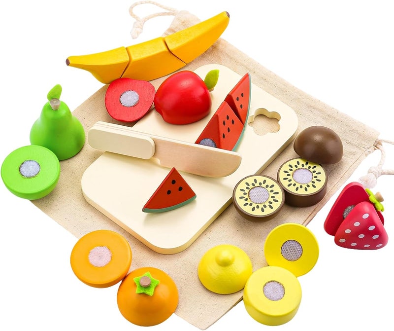 umu Cutting Fruit Set - Wooden Play Food Kitchen Accessory, Multi - Pretend Play Accessories, Wooden Cutting Fruit Toys for Toddlers and Kids Ages 2+ - Image 1