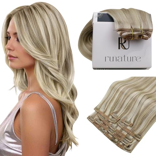 RUNATURE Human Hair Clip in Extensions, Blonde Clip in Hair Extensions Real Human Hair, Long Straight Hair Clip ins, Add Length, 20 Inch 120g 7pcs #8P60 Ash Brown Highlight Platinum Blonde - Image 1