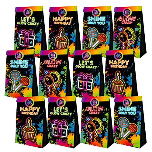PERFQU 24 Pcs Glow in Dark Gift Bags Glow in The Dark Party Supplies Glow Party Favor Bag Neon Goodie Bags Paper Treat Candy Bag for Kids Birthday Party and Glows Neon Decorations - Image 1