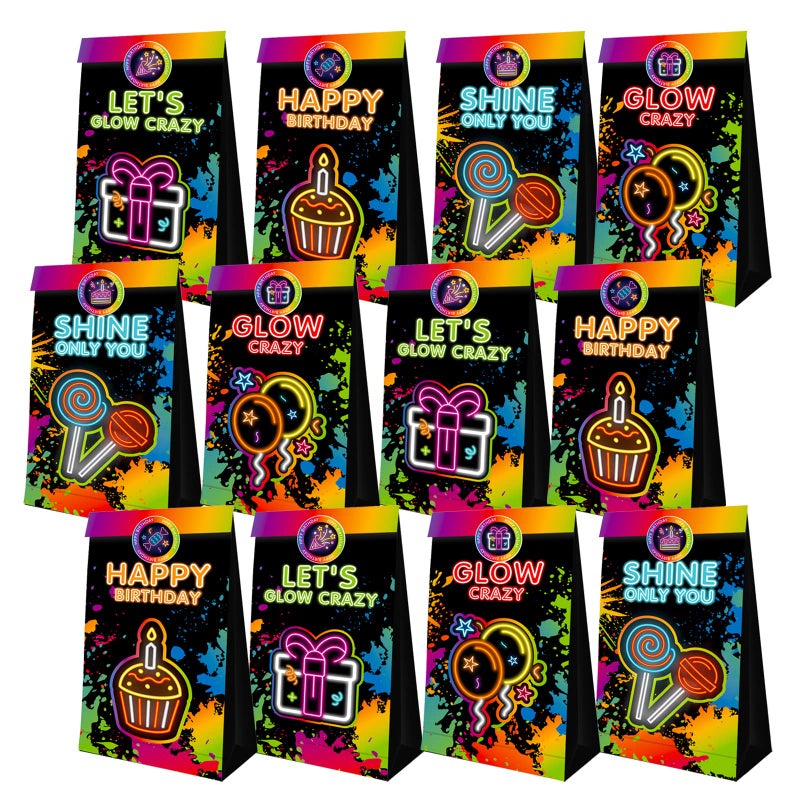 PERFQU 24 Pcs Glow in Dark Gift Bags Glow in The Dark Party Supplies Glow Party Favor Bag Neon Goodie Bags Paper Treat Candy Bag for Kids Birthday Party and Glows Neon Decorations - Image 2