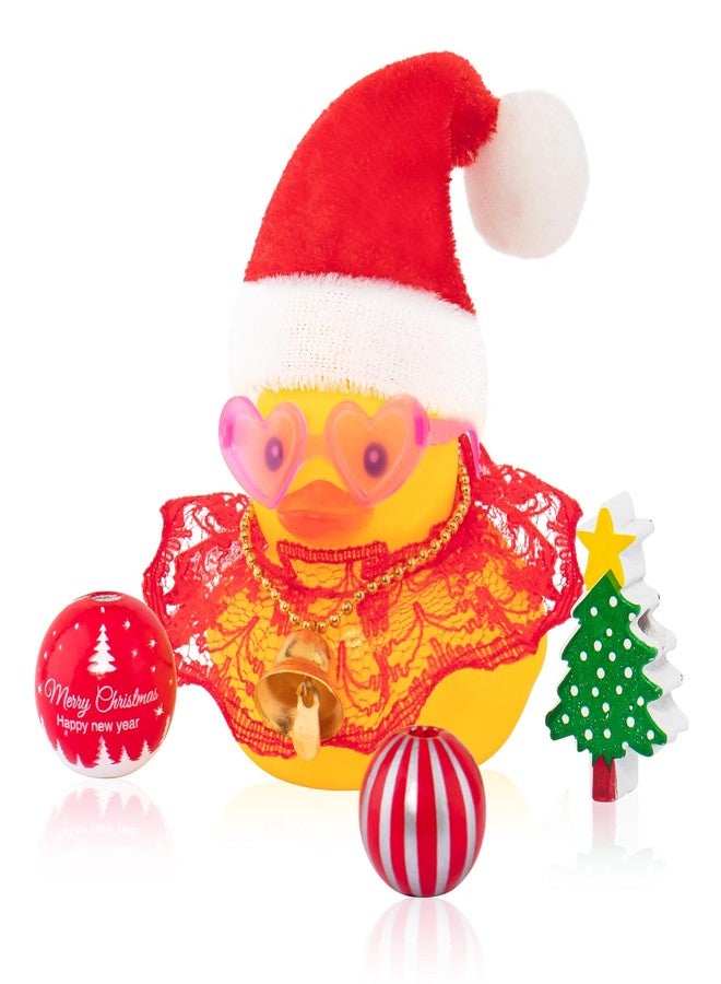 wonuu Christmas Rubber Duck Car Ornaments Car Decorations Christmas Accessories Santa Hat Skirt and Wind Bell, Red-Lace Dress - Image 1