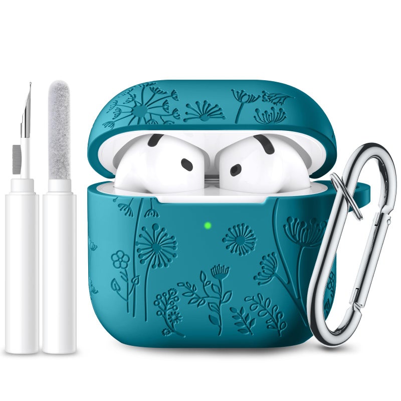 Lerobo for Airpods 4 Case Cover,Flower Engraved Silicone Full Protective Cover with Cleaner Kit & Keychain Compatible with Apple Airpods 4 Case 2024, Verdant Blue - Image 1