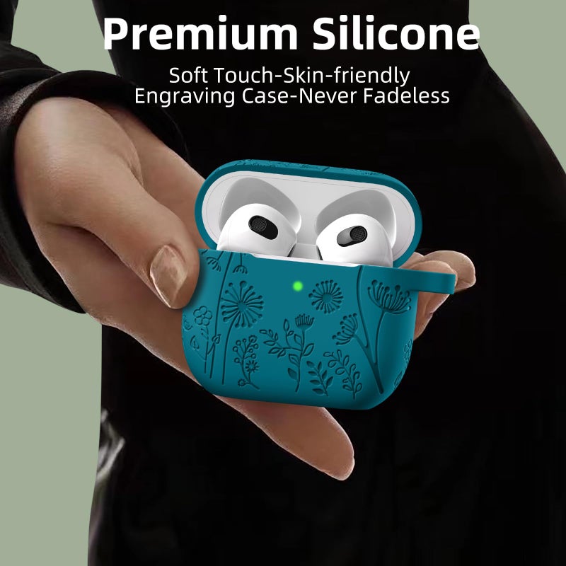 Lerobo for Airpods 4 Case Cover,Flower Engraved Silicone Full Protective Cover with Cleaner Kit & Keychain Compatible with Apple Airpods 4 Case 2024, Verdant Blue - Image 5