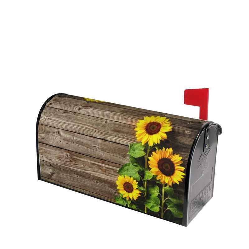 Mount Hour Sunflowers Wood Mailbox Covers Magnetic Post Box Cover Wraps Standard Size 21x18 Inches for Garden Yard Decor - Image 1