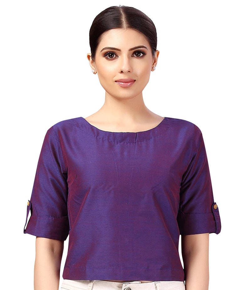 Studio Shringaar Women's Cotton Silk Half Sleeve Crop Top Saree Blouse (Purple, 42) - Image 1