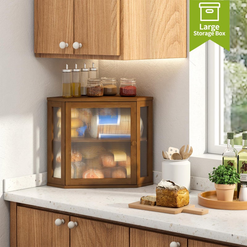 BMOSU Corner Bread Box for Kitchen Countertop Double Layer Bamboo Wooden Bread box Large Capacity Bread Storage Bin(Brown, Medium) - Image 4
