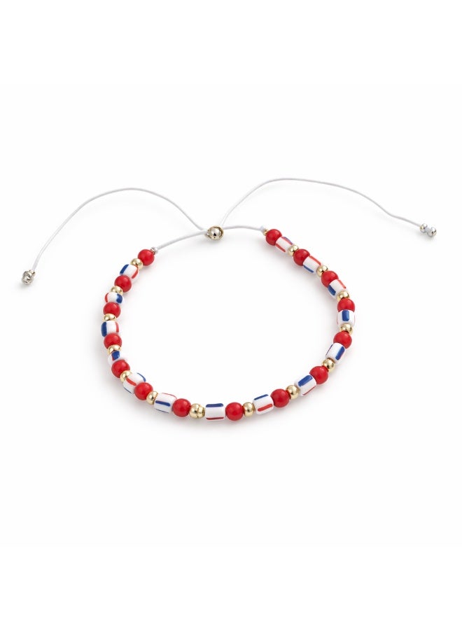 Bonjouk Studio Beaded Bracelet, Red White Blue, Adjustable Cord, Patriotic Theme, Glass Beads with Gold Accents - Image 3