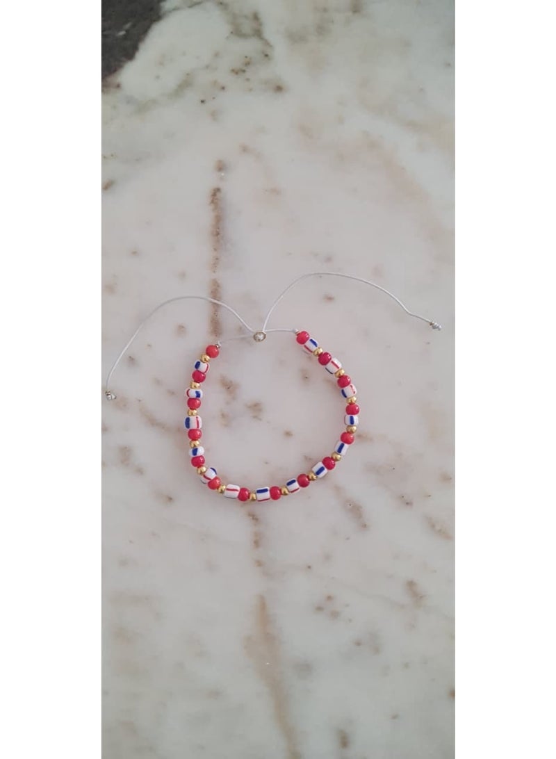 Bonjouk Studio Beaded Bracelet, Red White Blue, Adjustable Cord, Patriotic Theme, Glass Beads with Gold Accents - Image 4