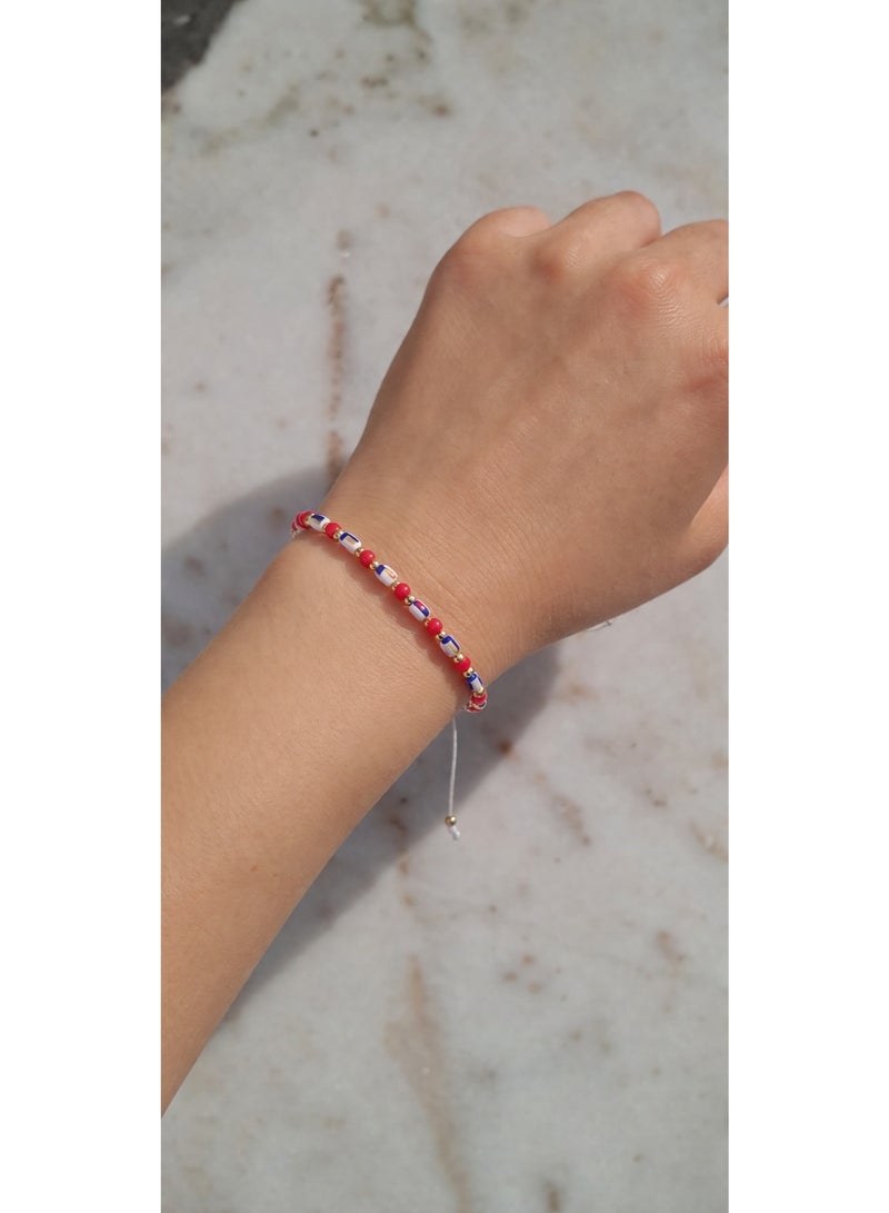 Bonjouk Studio Beaded Bracelet, Red White Blue, Adjustable Cord, Patriotic Theme, Glass Beads with Gold Accents - Image 2