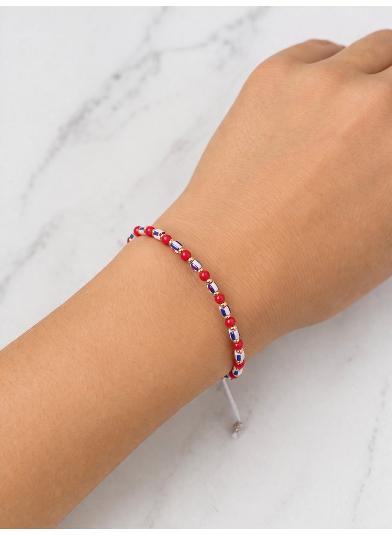Bonjouk Studio Beaded Bracelet, Red White Blue, Adjustable Cord, Patriotic Theme, Glass Beads with Gold Accents - Image 1