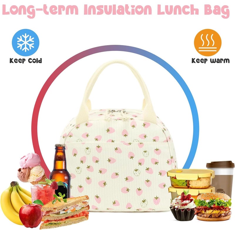 Bluboon Lunch Bag for Women Men Cute Corduroy Lunch Tote Bags Reusable Insulated Lunch Box Large Capacity Reusable Insulated Cooler for Work Picnic or Travel (Beige strawberry) - Image 3