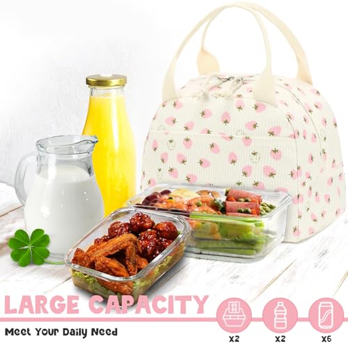 Bluboon Lunch Bag for Women Men Cute Corduroy Lunch Tote Bags Reusable Insulated Lunch Box Large Capacity Reusable Insulated Cooler for Work Picnic or Travel (Beige strawberry) - Image 5