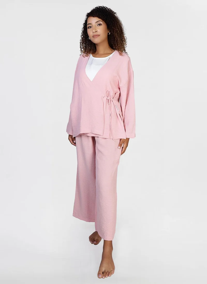 جيمي لي بوند Soft Textured 2-Piece Co-Ord Set – Pink Wrap Top and Wide-Leg Pants
