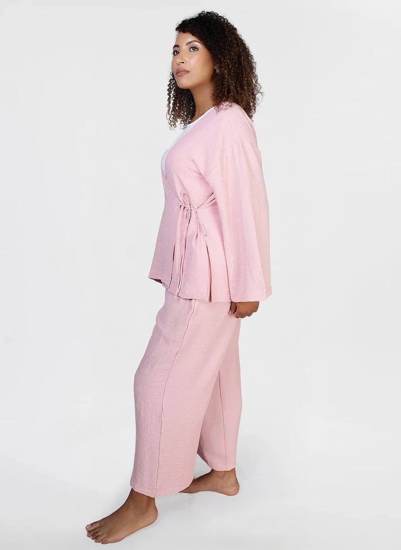 جيمي لي بوند Soft Textured 2-Piece Co-Ord Set – Pink Wrap Top and Wide-Leg Pants
