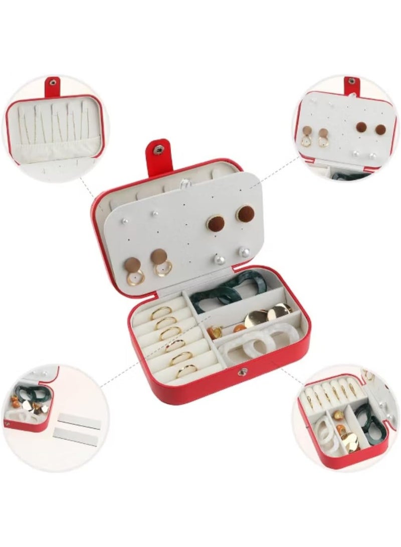 Red Travel Jewelry Box for Women & Girls - Portable 3-Tier Leather Organizer with Hooks for Earrings, Rings, Necklaces & Bracelets - Image 3