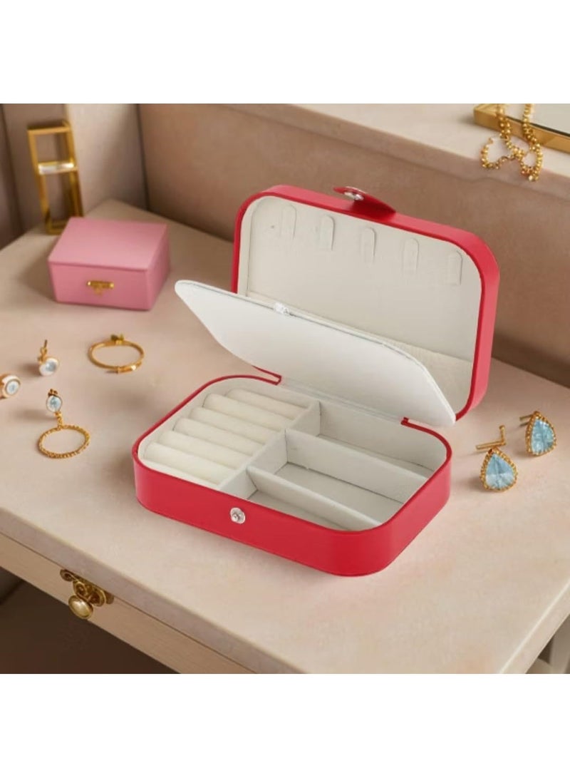 Red Travel Jewelry Box for Women & Girls - Portable 3-Tier Leather Organizer with Hooks for Earrings, Rings, Necklaces & Bracelets - Image 5