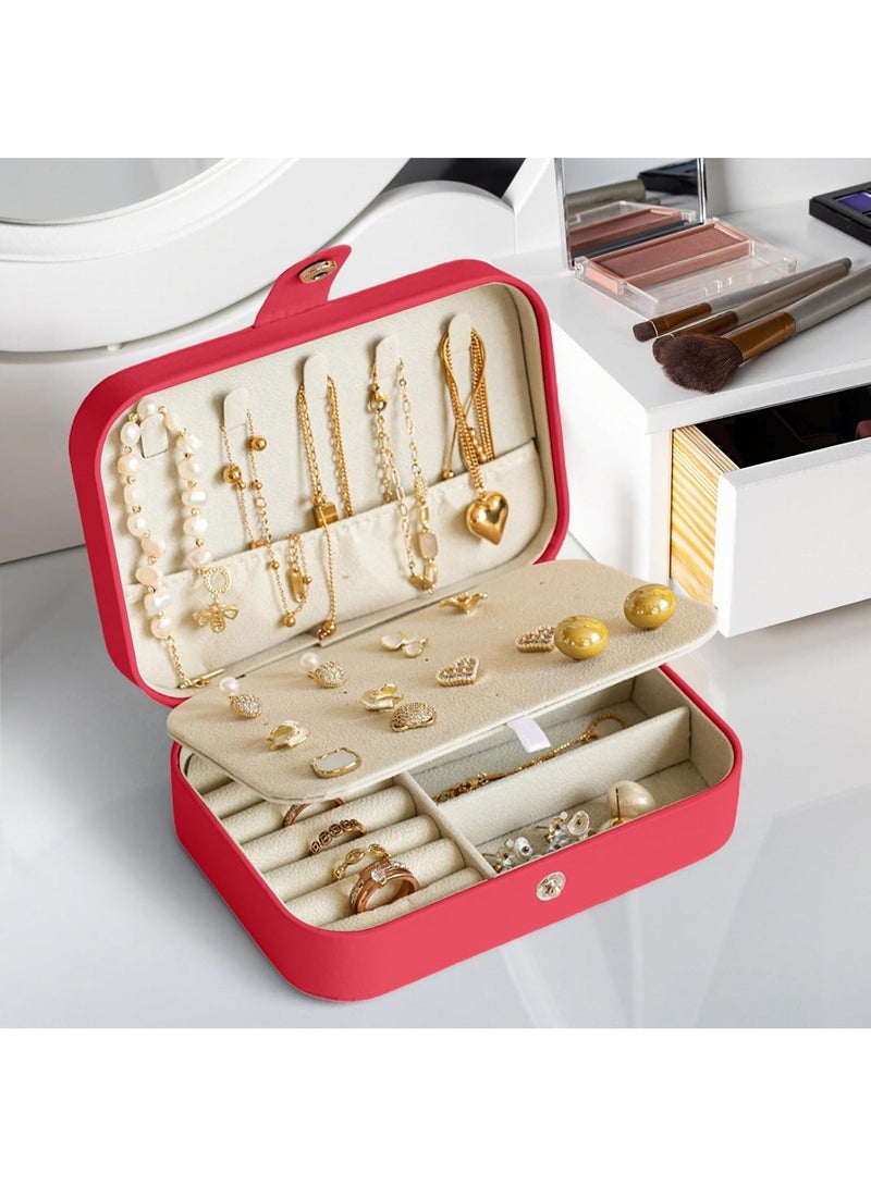 Red Travel Jewelry Box for Women & Girls - Portable 3-Tier Leather Organizer with Hooks for Earrings, Rings, Necklaces & Bracelets - Image 1