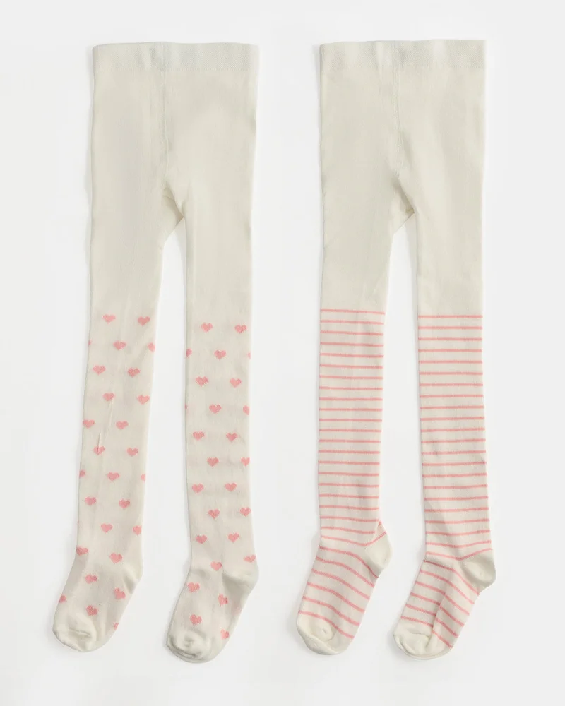 Redtag Infant Girls White Full Length Jacquard Knitted Tights Set Of 2