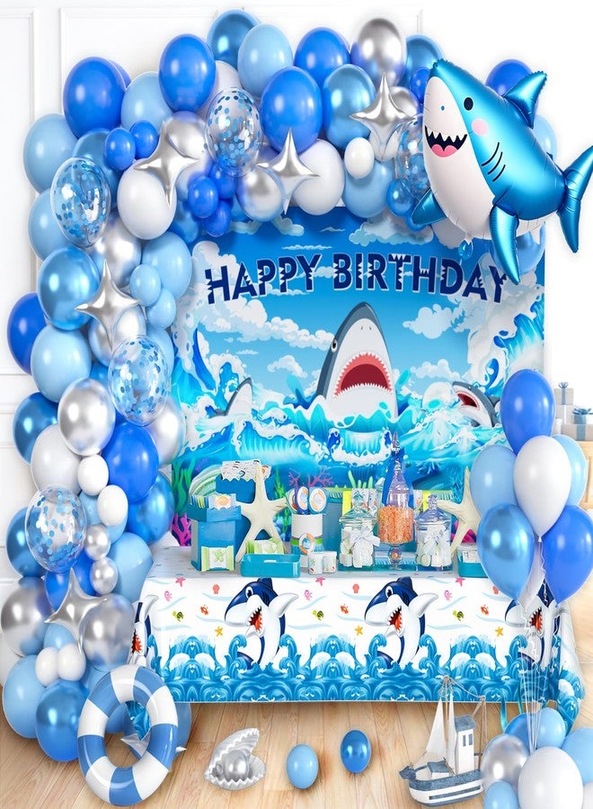 Winrayk Shark Birthday Party Decorations Supplies for Kids, Shark Balloon Arch with Backdrop, Tablecloth, Large Foil Balloon, Baby Summer Under the Sea Shark-themed Party Decorations - Image 1